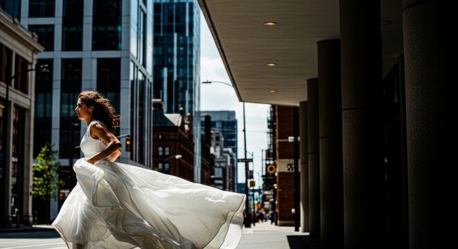 Bride running through city street, dress flowing, embracing freedom and a new beginning