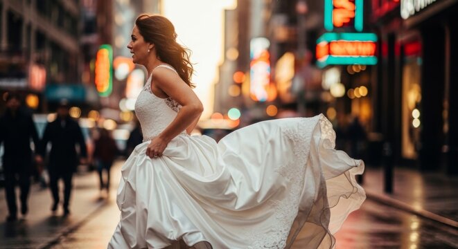 Bride in wedding dress running through city street at golden hour, cinematic, emotional freedom