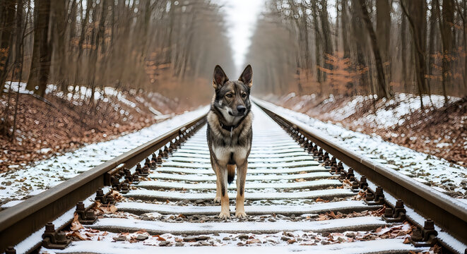 Majestic gray wolf dog stands alert on cold steel railway tracks during a crisp winter day with soft natural lighting