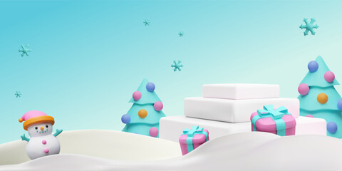 Obraz premium A 3D podium with a snowman, decorated Christmas trees, and gifts against a winter background.