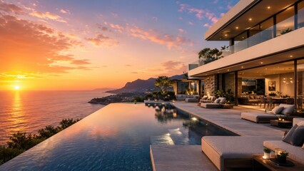 Fototapeta premium Modern villa with infinity pool overlooking ocean sunset