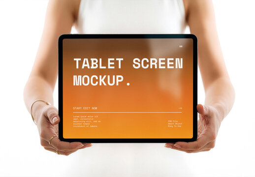Horizontal Tablet Screen Mockup In Woman Hands