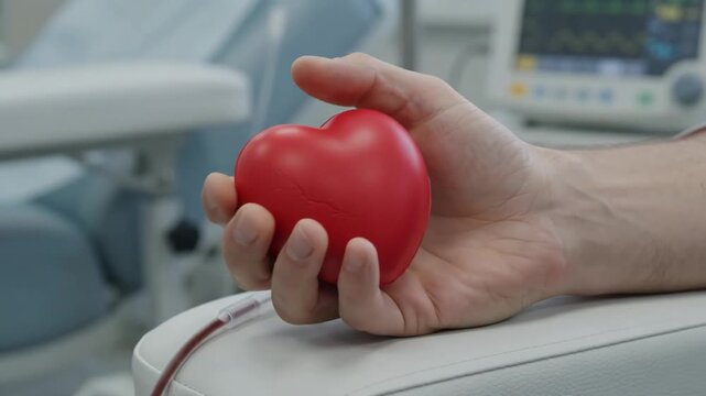 Close-up of blood donation process for World Blood Donor Day. Patient squeezing red heart ball, blood flowing into plastic bag, and medical plaster applied to arm in hospital clinic room.