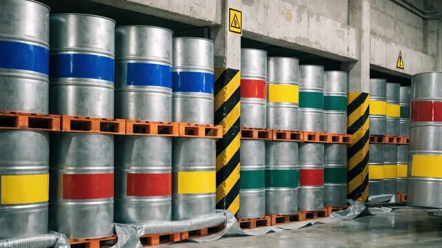 Medium shot of industrial metal powder drums neatly arranged in a labeled storage room with safety signage and spill containment measures
