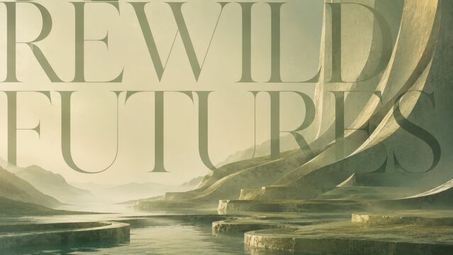 Rewild futures text overlay on futuristic landscape with tiered stone platforms and water. Sustainable architecture concept for environmental recovery and harmony