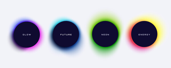Obraz na płótnie Canvas Collection of abstract dark round text boxes with vibrant neon glow effects isolated on light background. Futuristic minimal circular buttons with colorful halo. Ideal for banner, poster, web design.