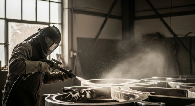 Industrial sandblasting technician in protective gear performing surface treatment on large metal components in a workshop setting, highlighting craftsmanship and process.