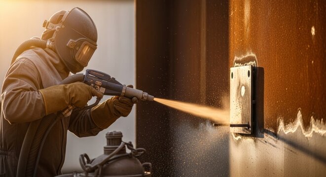 Industrial worker sandblasting metal surface for rust removal in golden hour light