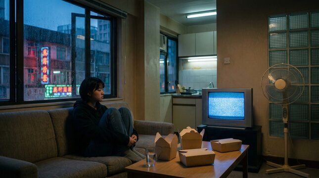 Neon apartment living room at dusk with nostalgic urban dreamcore