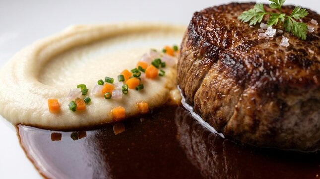 French haute cuisine macro of jus puree and seared medallion