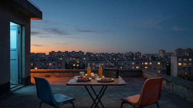 Twilight rooftop snack table overlooking retro apartment blocks dreamcore