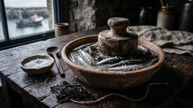 Coastal Fish Brine Fermentation In Clay Bowl With Sea Salt