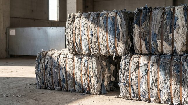 Compressed Recycled Textile Bales in Industrial Audit Warehouse Macro