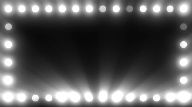 Black and white stage light border with glowing bulbs, soft spotlights, and dark empty center for dramatic background design.