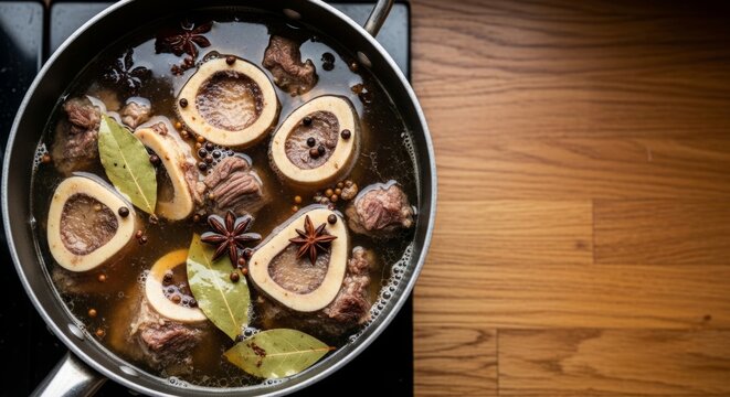 Rich beef bone broth simmering in pot with star anise and bay leaves, cooking for comfort food meal prep on wooden counter