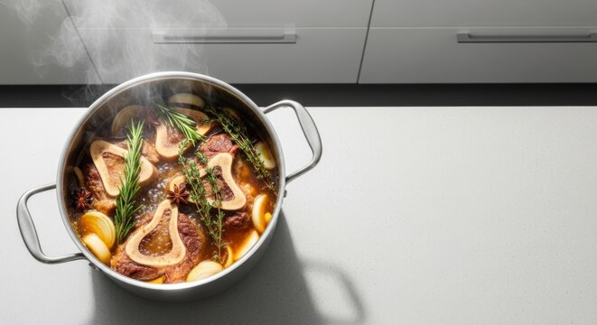 Aromatic beef bones simmering in a pot with herbs and spices, creating a rich broth in a modern kitchen with ample copy space.