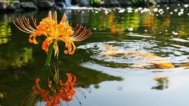 Orange Spider Lily Flower Blooming Beside A Garden Pond With A Koi Fish  Swimming Through Rippling Water Surface In The Afternoon Sunlight Outdoors