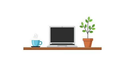 Fototapeta premium A laptop computer on a wooden desk with a cup of coffee and a potted plant.