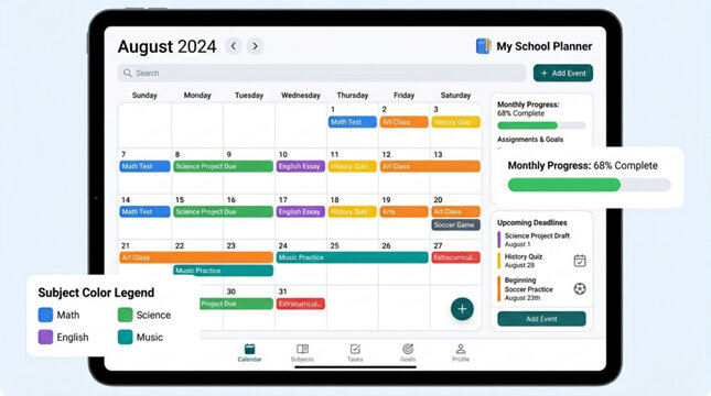 Digital school planner app interface on a tablet screen showing a monthly calendar view for august 2024 with colorcoded subjects and task tracking