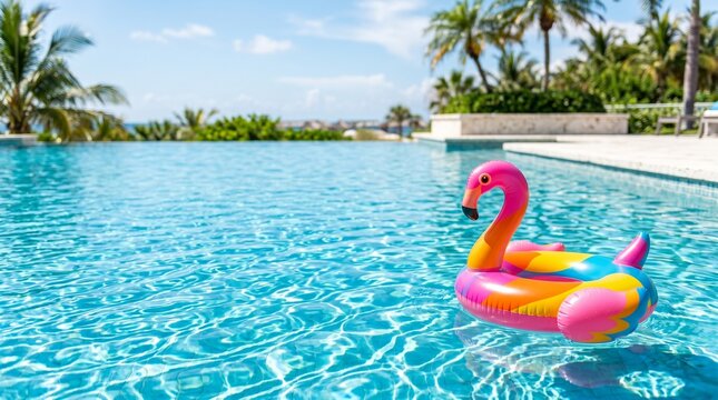 Inflatable flamingo float in a sparkling blue swimming pool with palm trees and ocean in the background