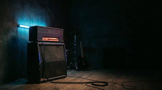 Vintage Guitar Amplifier Stack and Electric Guitar in a Dark Room with Blue Neon Light