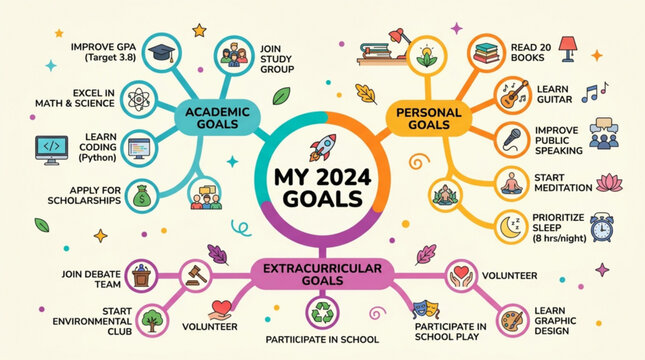 My 2024 goals mind map infographic with academic, personal, and extracurricular objectives