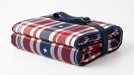 Obraz premium Folded Tartan Picnic Blanket with Stars and Straps on White Background