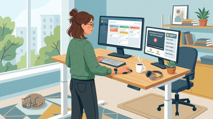 Obraz premium Young woman working at a standing desk in a home office with a cat sleeping nearby