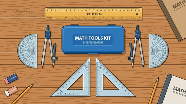 Top view of math geometry tools set on wooden desk background