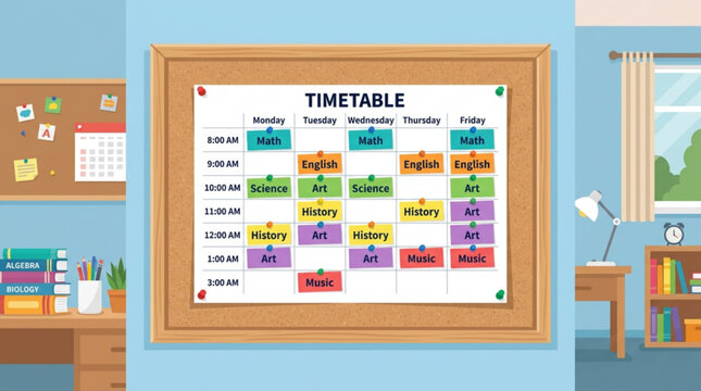 School timetable on a cork board in a classroom setting