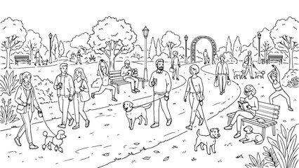 Obraz premium Recreational Park Lifestyle Line Illustration Featuring Dog Walkers, Readers, Coffee Breaks and Outdoor Wellness Activity Vector Scene