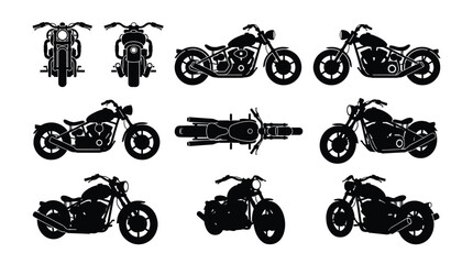 Bobber Motorcycle Silhouette Large Set Multiple Views Custom Retro Bike Vector Illustration Isolated on White Background © selena