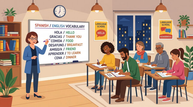 Language school classroom with teacher and students learning spanish vocabulary