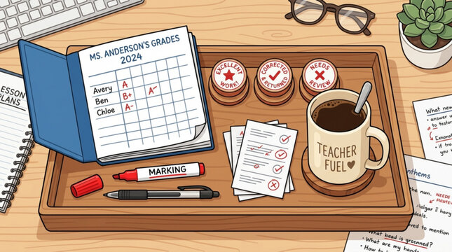 Teachers desk with grading supplies and coffee