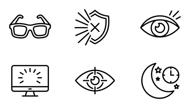 Line icons, eye protection, vision care, security symbols, 6 blackline graphics