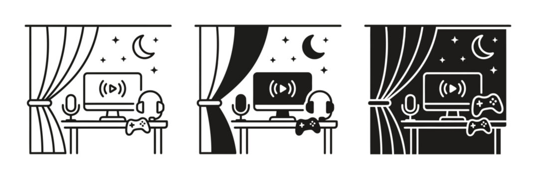 Gaming setup vector icons, nighttime scenes, computer and controller illustrations