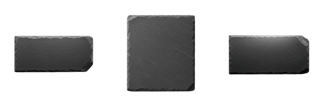 Set of three blank rectangular and square black slate stone serving boards isolated on white background, natural textured rustic stone platters for food presentation, culinary cheese board template, k