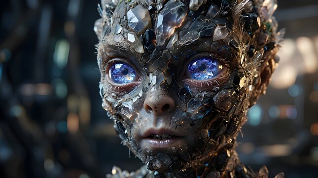 Crystal Skinned Alien Portrait with Glowing Blue Eyes and Gemstone Facial Features in Futuristic Sci Fi World