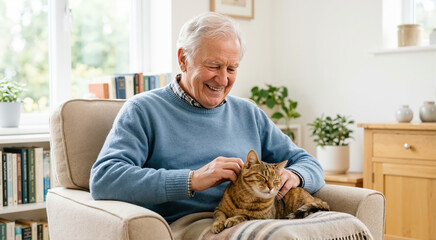 Plakat Smiling elderly man petting a tabby cat on his lap. Happy senior male relaxing in an armchair with his pet at home. Domestic comfort and animal companionship concept