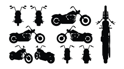 Chopper Bobber Motorcycle Silhouette Set with Top View Custom American Cruiser Bike Vector Isolated White Background © selena