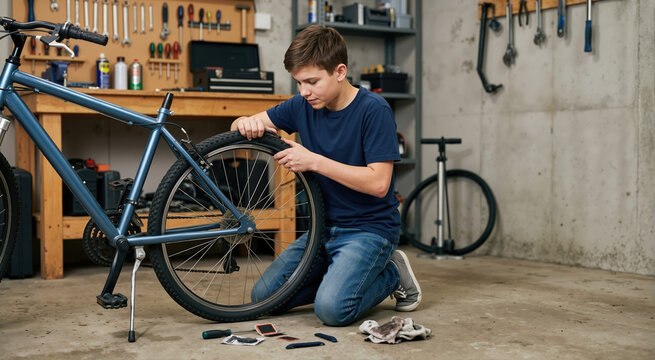 Teen boy repairing bicycle tire in home workshop. DIY bike maintenance and repair concept