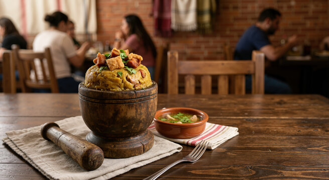 Traditional mofongo in a wooden mortar. Caribbean food served on a rustic table