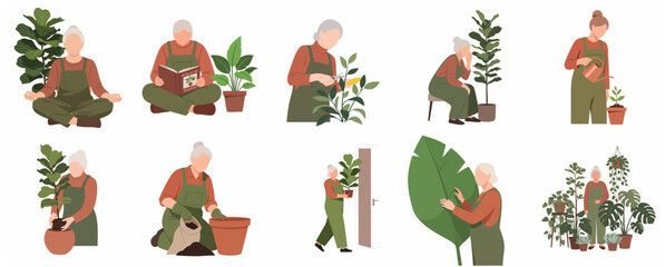 Fototapeta premium Senior Woman Indoor Gardening and Plant Care Activity Set with Potted Houseplants