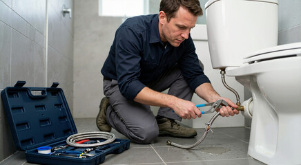 Obraz premium Caucasian male plumber fixing a broken water hose behind a toilet. Professional handyman using pliers for bathroom maintenance. Domestic plumbing repair service