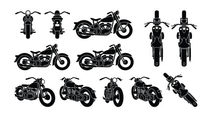 Chopper Bobber Classic Cruiser Motorcycle Silhouette Set Vintage Style Bike Multiple Views Vector Isolated © selena