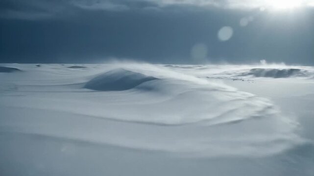 Snowdrift landscape under a pale winter sky, windblown powder sweeps across rolling dunes, quiet cold mood with soft light and minimal detail