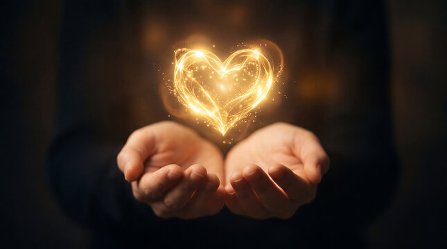 Glowing magical golden light heart floating above cupped human hands on dark background