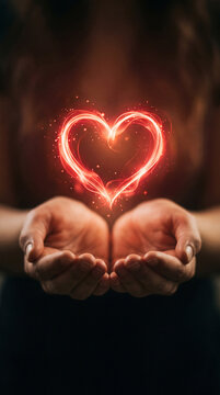 Glowing magical golden light heart floating above cupped human hands on dark background