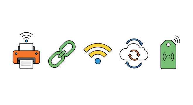 Collection of modern wireless technology icons including printer link Wi-Fi cloud and mobile device