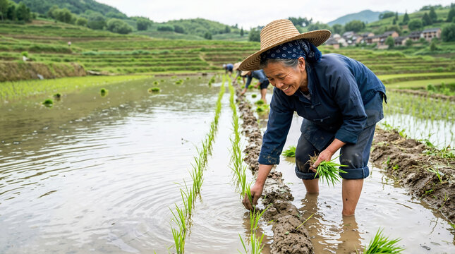 Elderly female farmer planting rice seedlings in a terraced paddy field